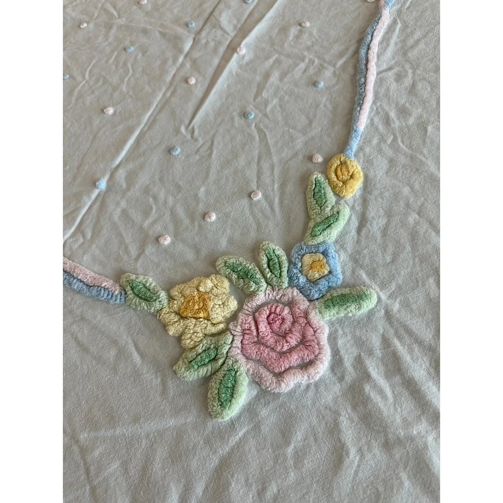 Vintage Hand Embroidered Tablecloth 72x49 Floral Pink‎ Green Yellow Rectangle